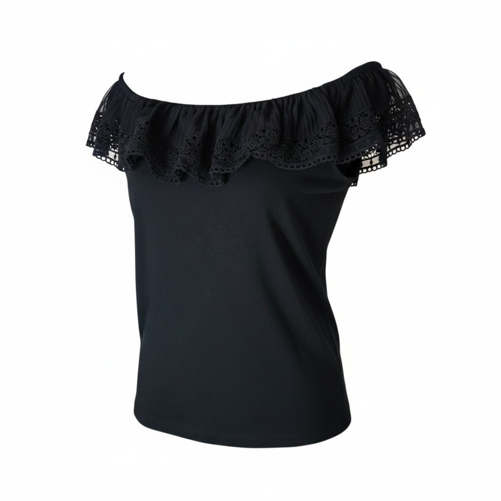 Lauren Ralph Lauren Women Black Ruffle Neck Top Sleeveless Stretch Blouse L